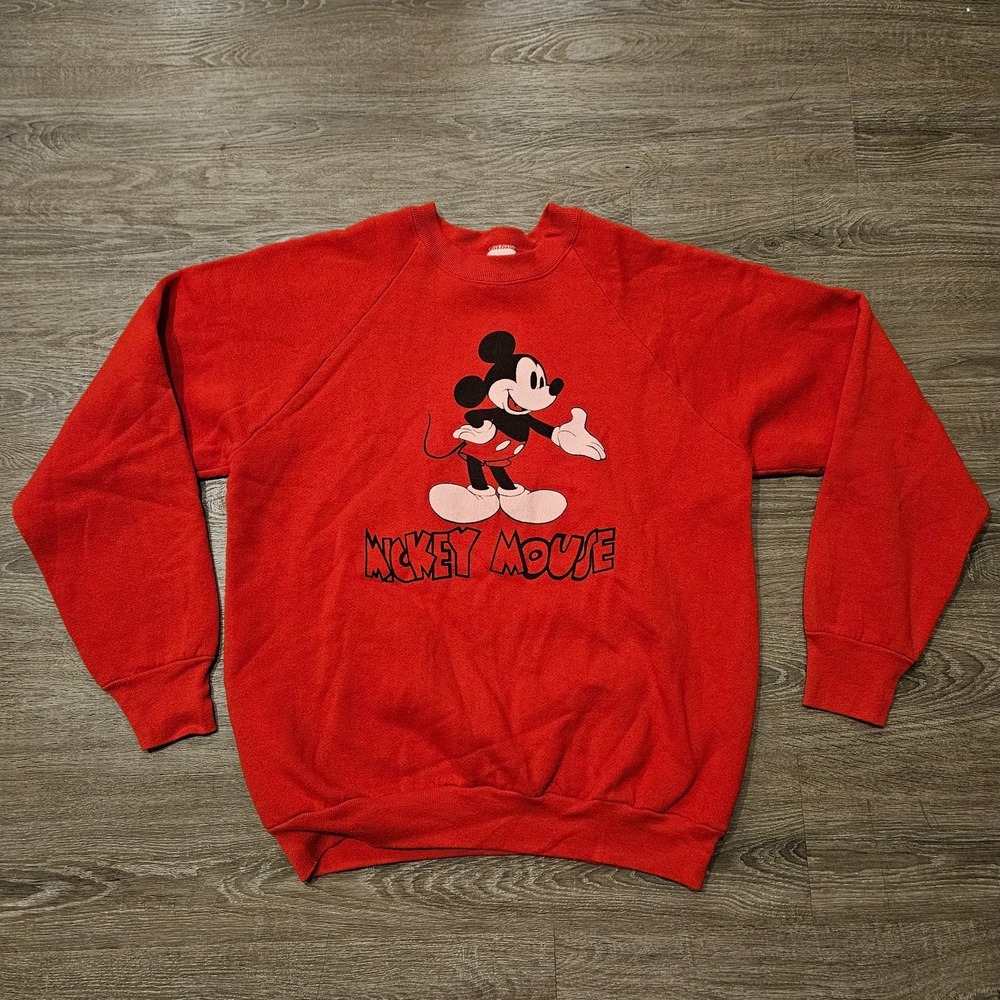 Vintage 80s Mickey Mouse Sweatshirt Large Red Disney Raglan Crewneck